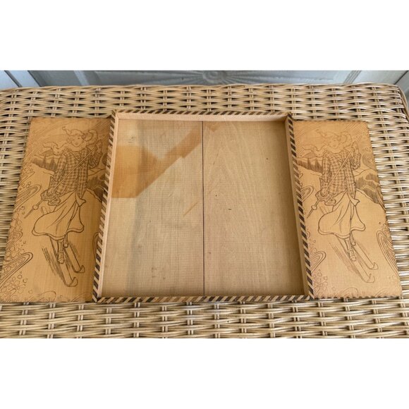Antique 1910s Flemish Art Pyrography Hanky/Glove Box Girl Snow Skiing - Picture 10 of 14